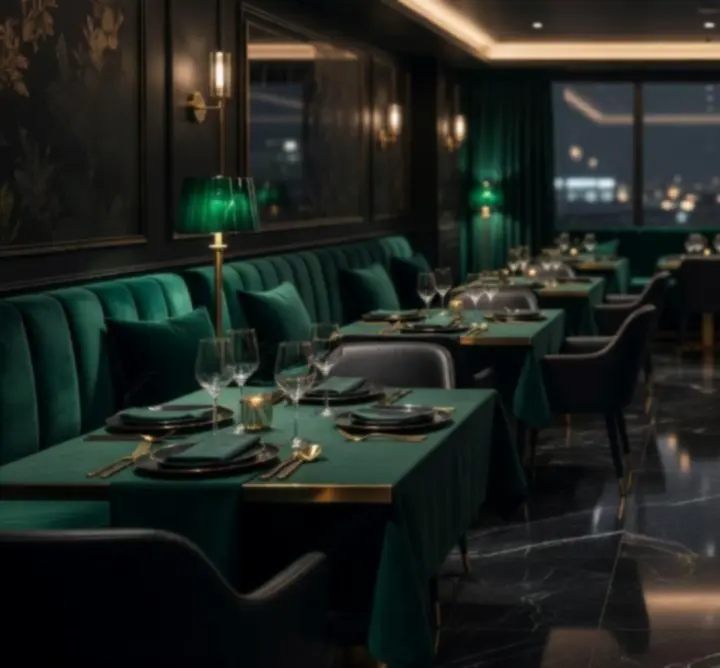 Elegáns, félhomályos étterem-lounge enteriőr zöld és arany részletekkel